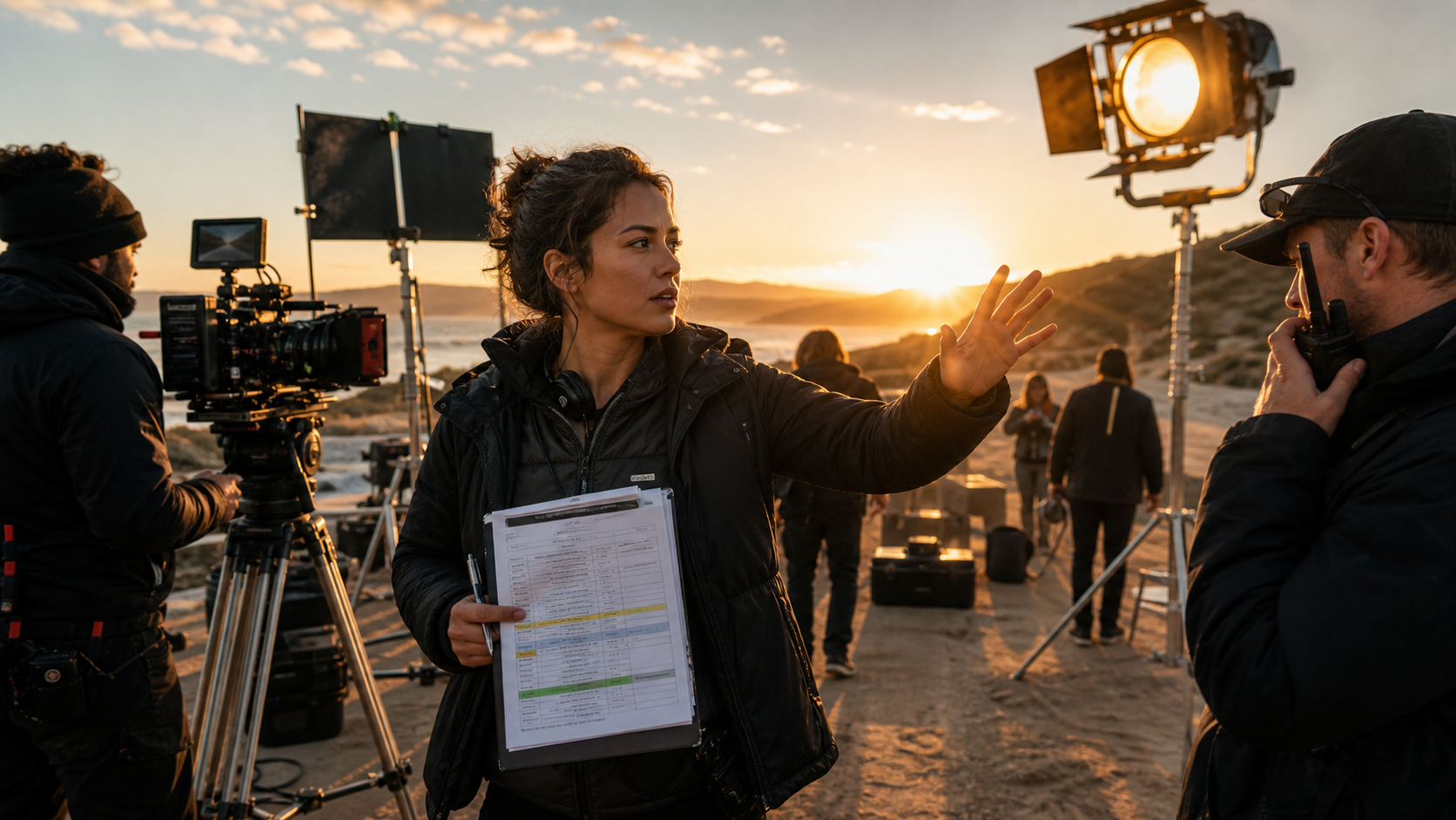 Assistant director coordinating an outdoor sunset commercial shoot with crew, camera gear, radios, and a schedule clipboard.