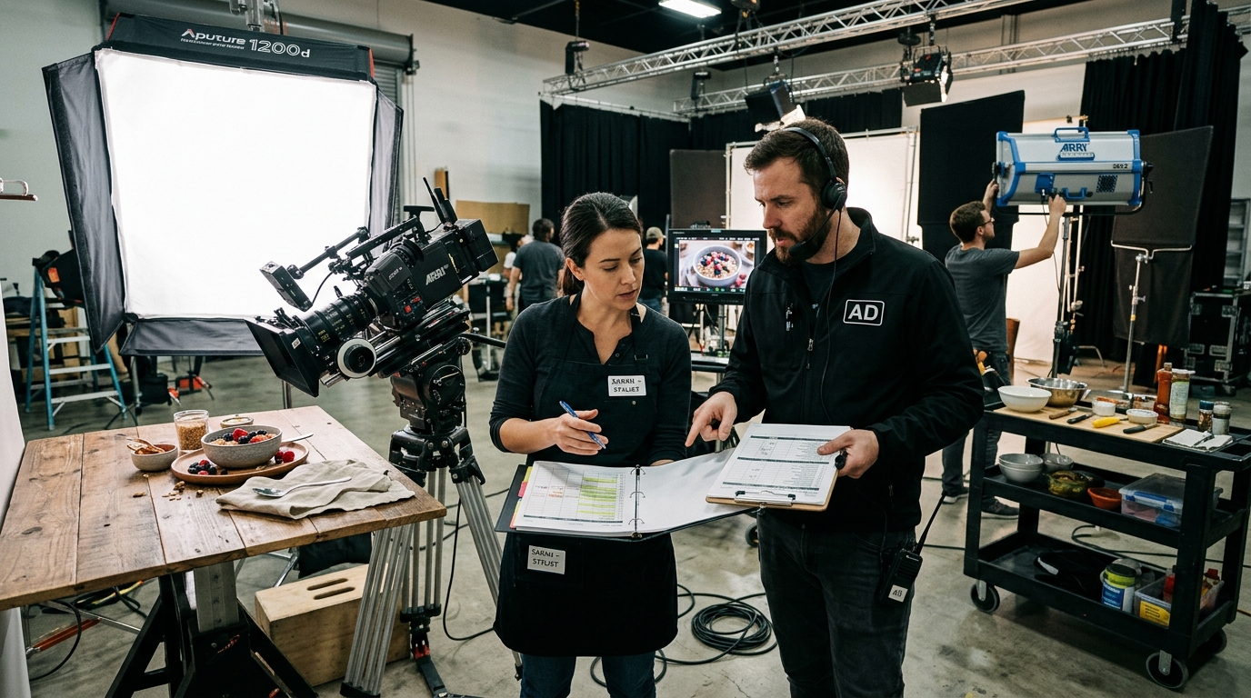 A wide-angle landscape shot (16:9 aspect ratio) depicting a focused assistant director and food stylist coordinating prep schedules near a tabletop commercial set with macro camera rigs and studio lighting.