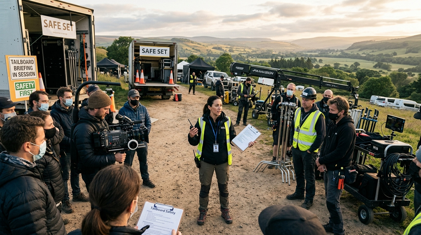 A wide-angle landscape shot (16:9 aspect ratio) depicting an assistant director holding a clipboard while leading a focused morning tailboard safety briefing with camera and grip crew on a modern film set under soft morning light.