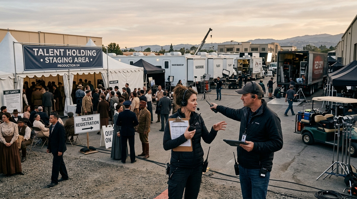 An assistant director holding a clipboard and two-way radio coordinates with a production coordinator outside a bustling talent holding staging area on a film set.