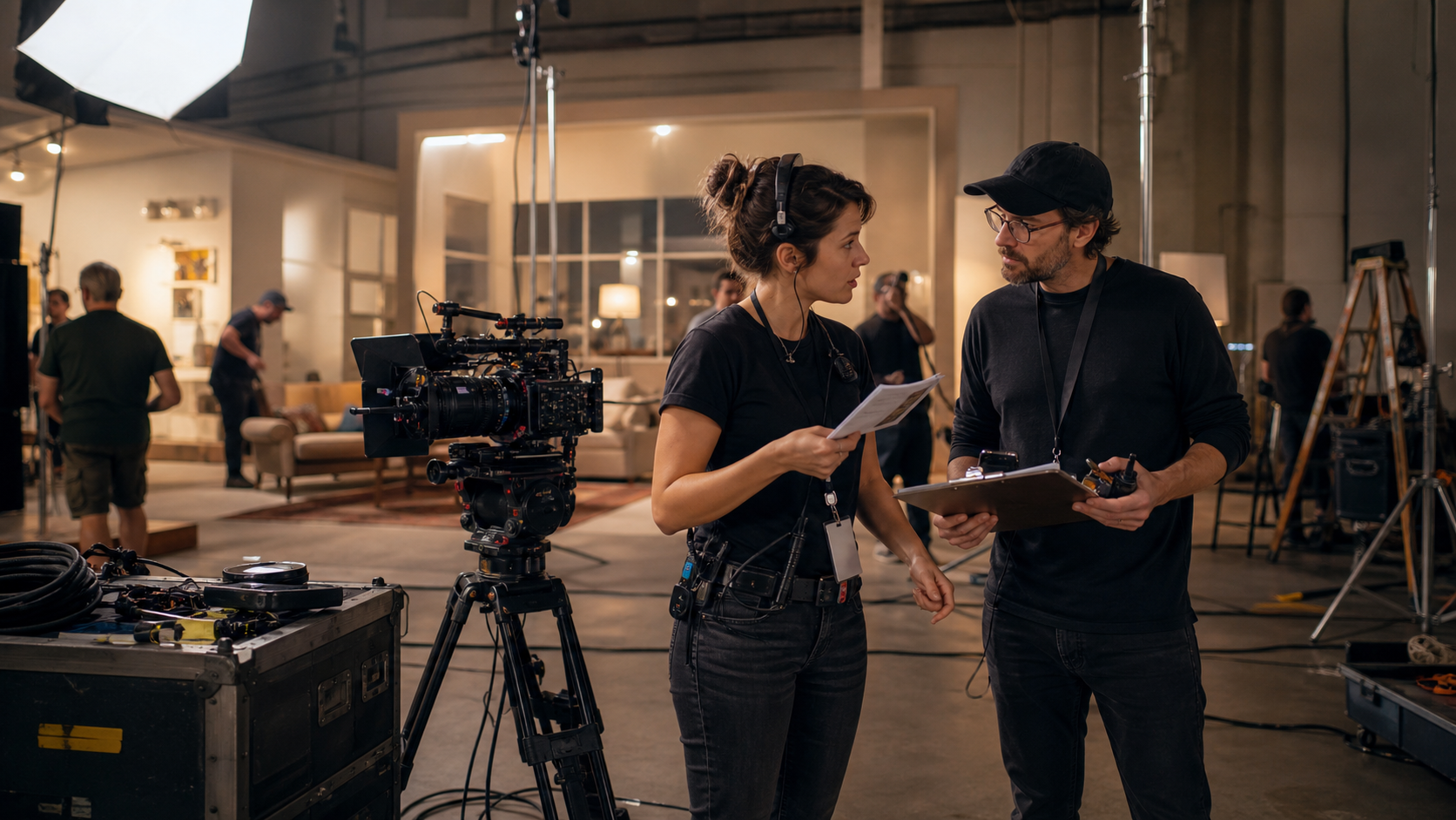 Assistant director coordinating talent release timing with a production coordinator beside camera gear on a commercial set