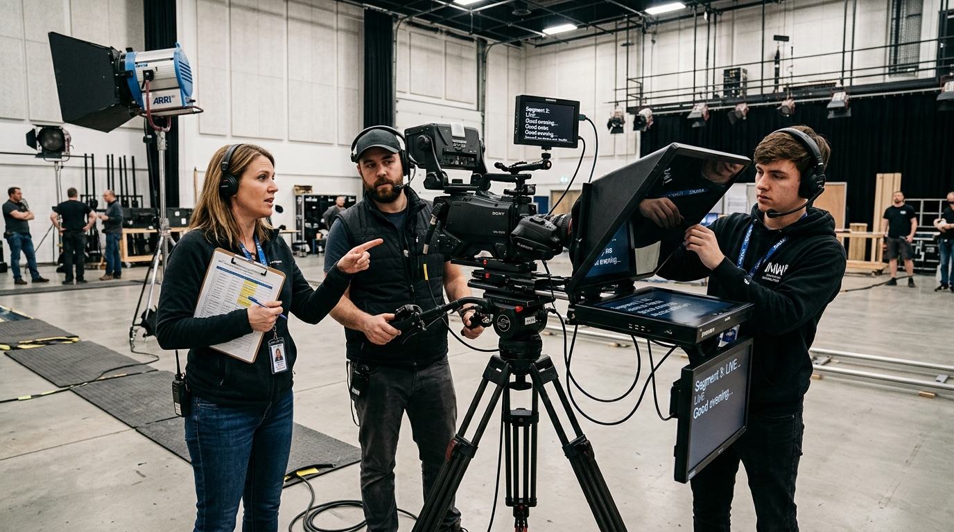 An assistant director consulting with a camera operator and teleprompter technician adjusting glass on a studio camera rig.
