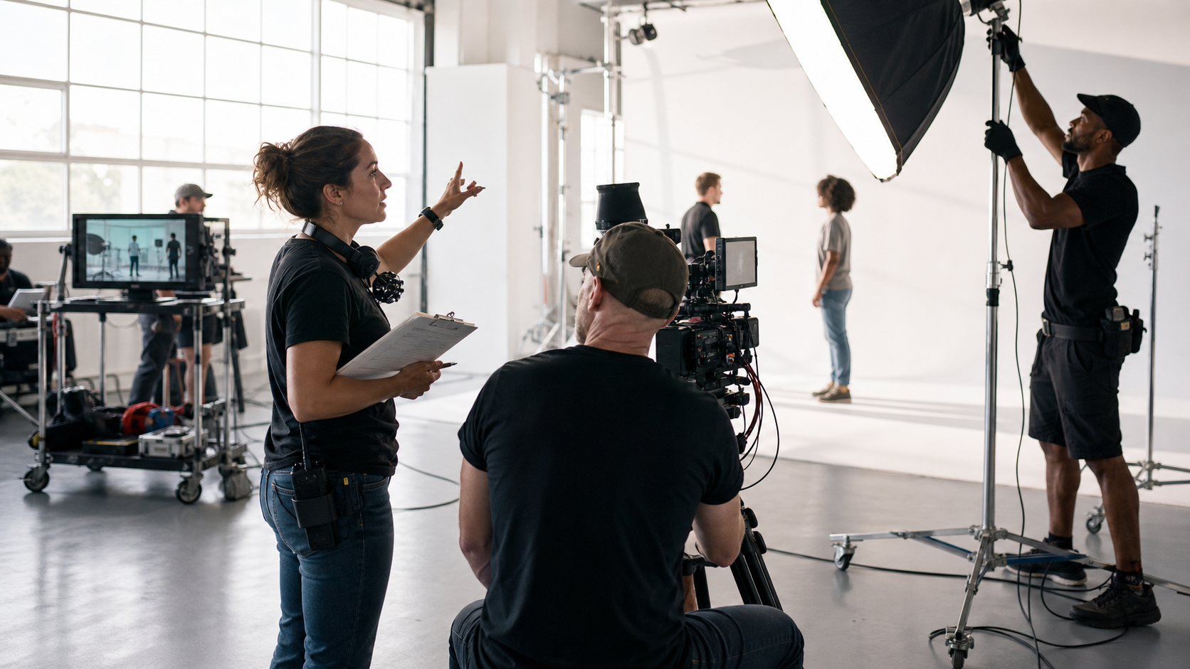 Assistant director coordinating a camera and lighting test with crew and gear in a bright studio