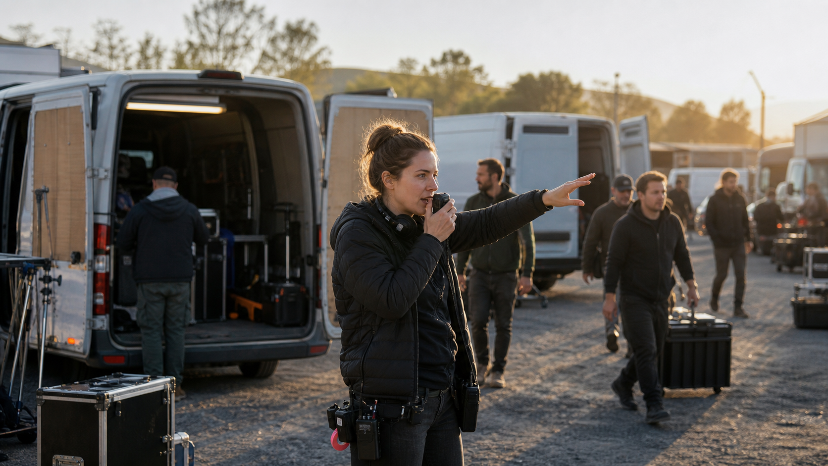 Production coordinator at unit base directing crew arrivals beside vans, radios, and camera gear