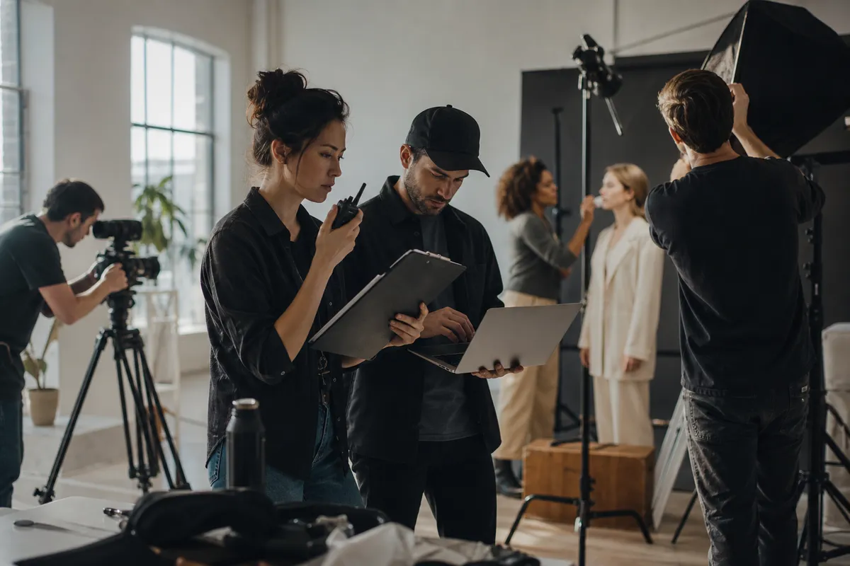 Assistant director and production coordinator organizing a small commercial video crew before call time in a bright studio
