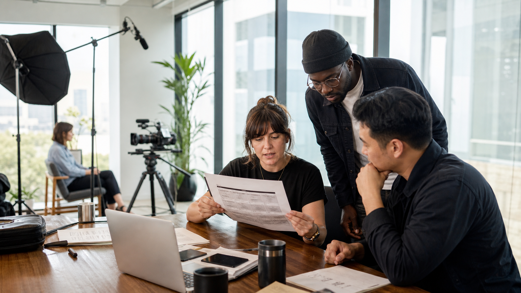 Production coordinator reviewing a testimonial video shoot call sheet with interview crew in a bright corporate office