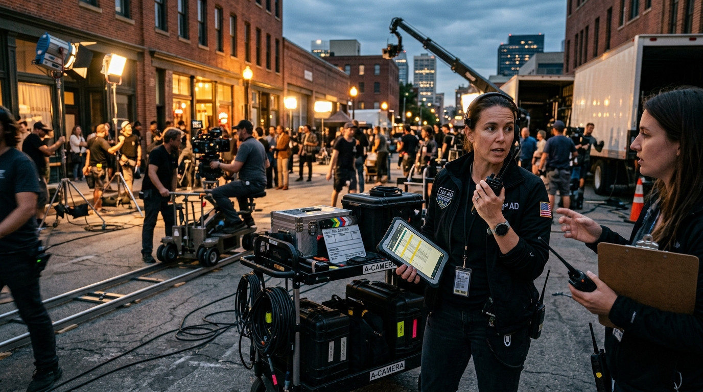 A focused first assistant director in a production jacket holding a digital tablet and two-way radio on a busy film set, conferring with a coordinator beside camera carts as the crew prepares for an evening shooting block.