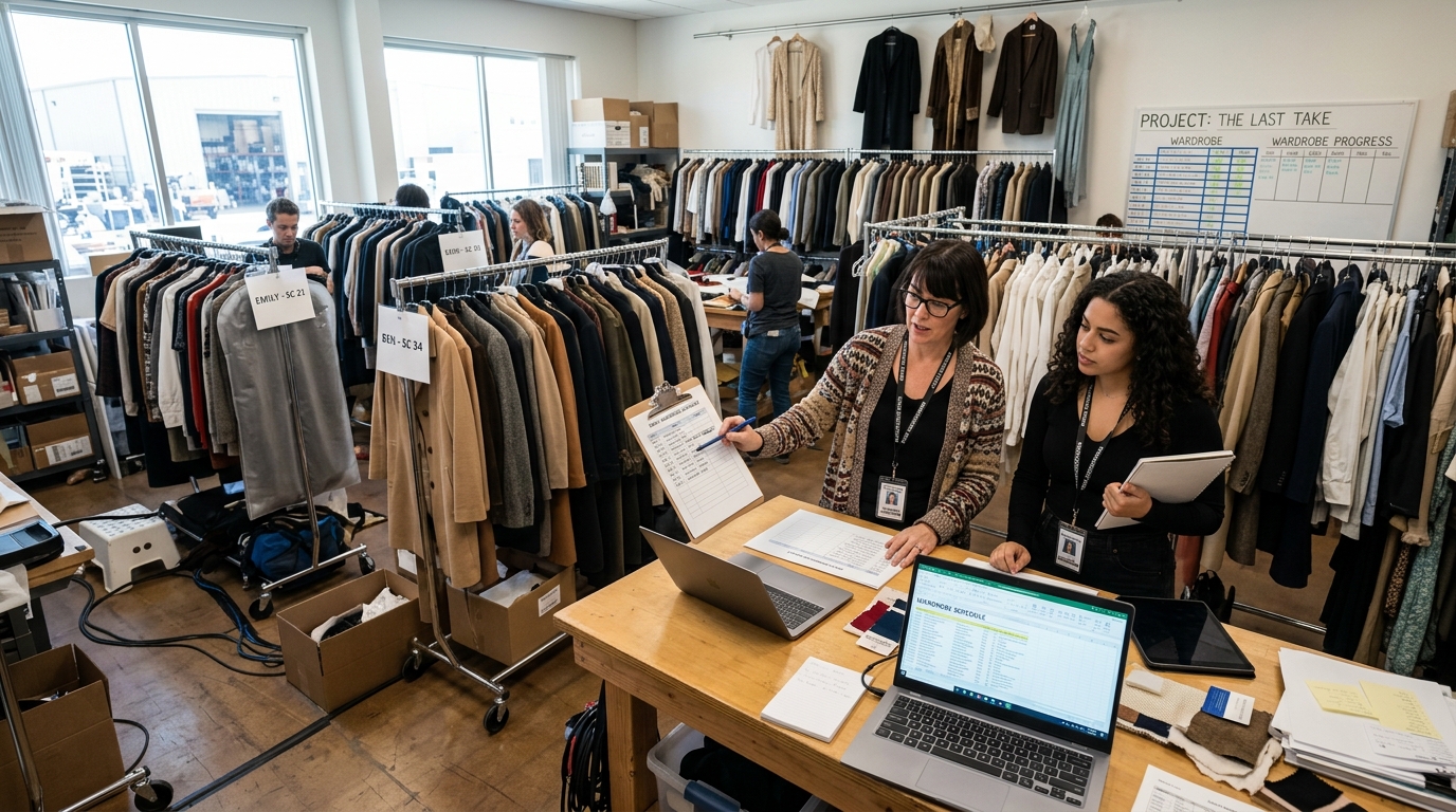 A production coordinator and costume supervisor reviewing wardrobe schedules and outfits in a bright film wardrobe room