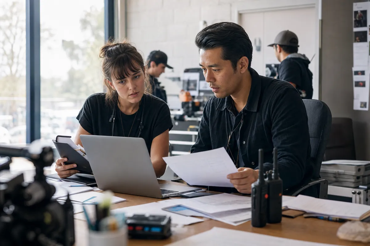 Assistant director and production coordinator preparing a shoot day with schedules, radios, and camera gear in a bright production office