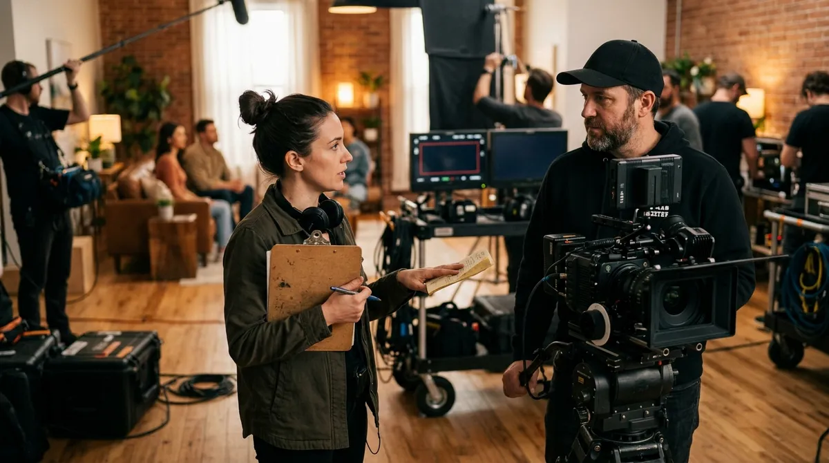 An assistant director holding a clipboard coordinates with the camera operator on an active, warm-lit indie episodic web series production set.
