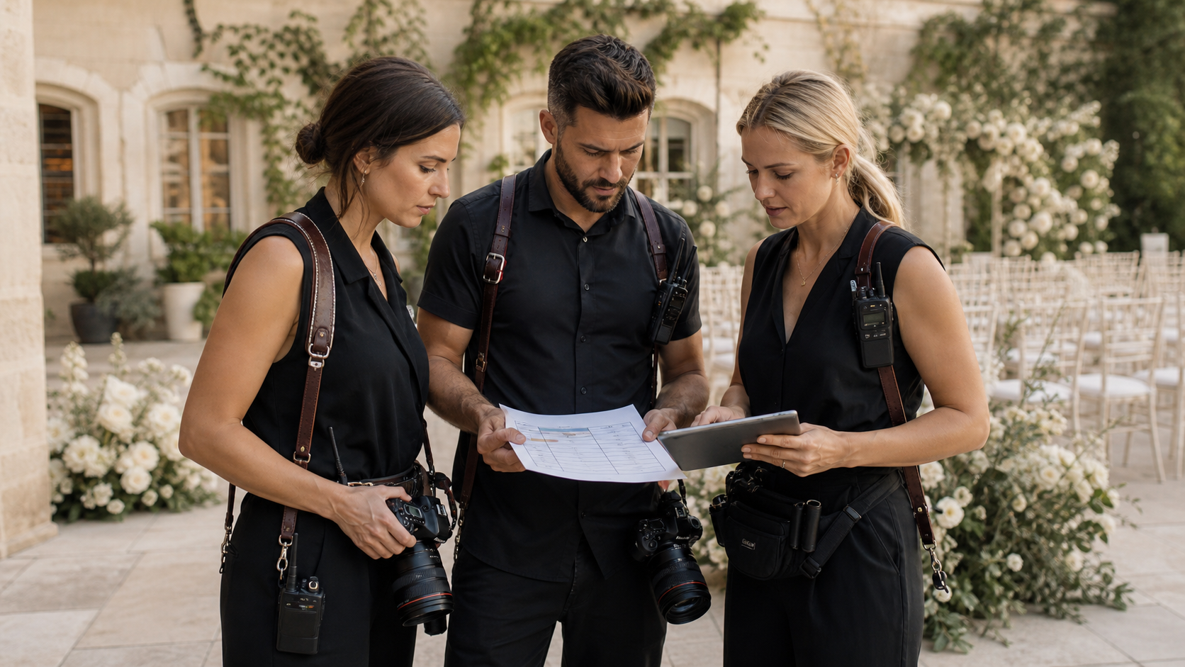 Wedding photography team reviewing the day plan with cameras and radios before a ceremony