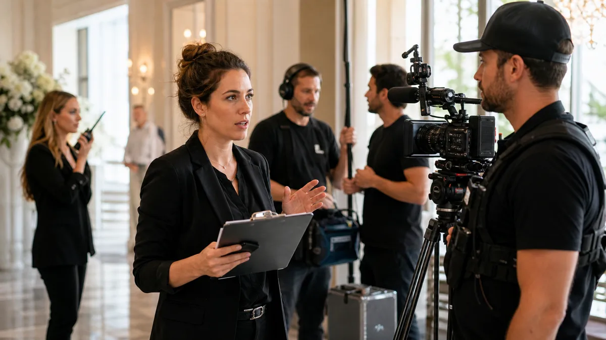 Wedding video production coordinator reviewing a shoot-day schedule with camera crew at a bright event venue