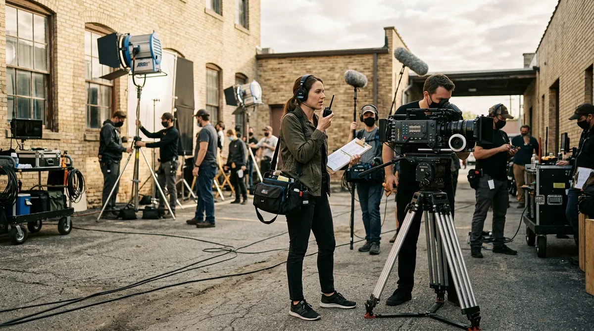 A focused assistant director holding a clipboard and radio coordinates crew members on a busy film production set.