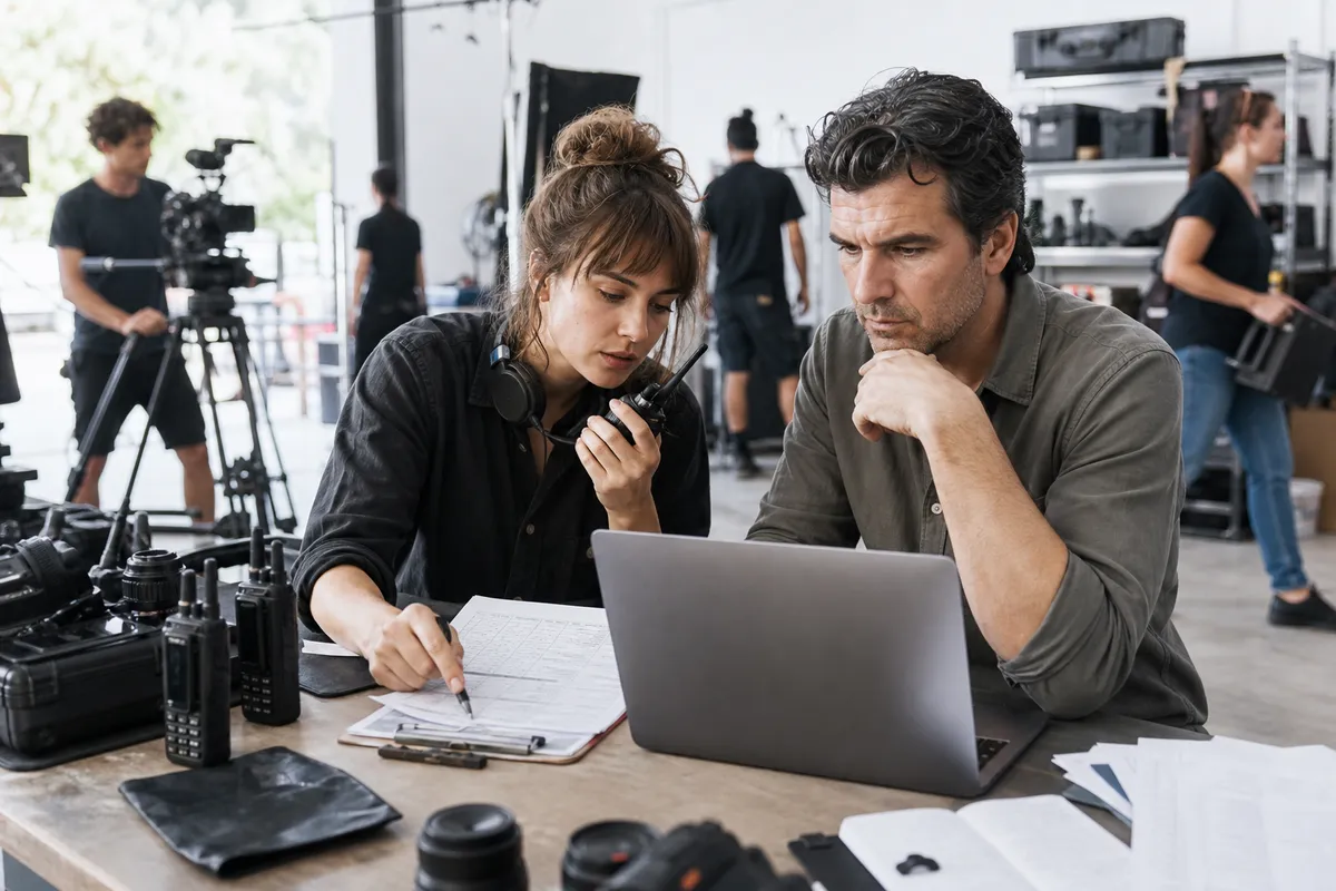 Assistant director and production coordinator preparing a shoot day with laptop, clipboard, radios, schedules, and camera gear on a bright modern set.