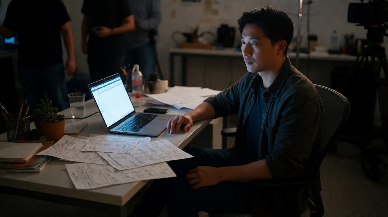 A 1st AD reviews call sheet paperwork at a production office desk late at night on a film set.