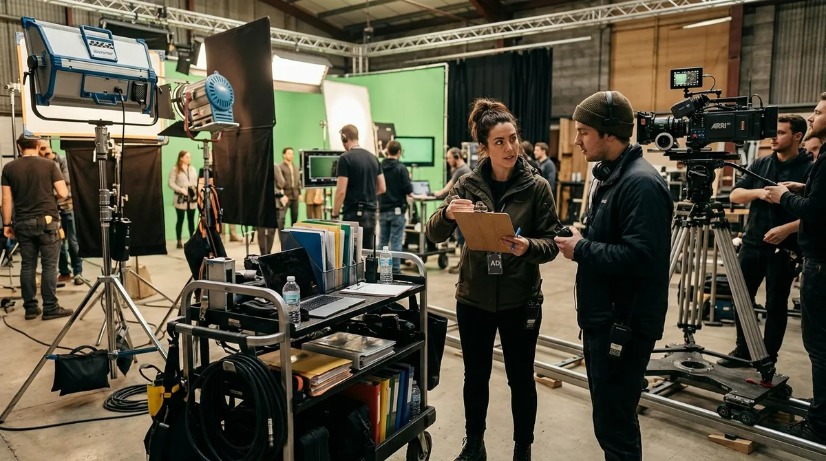 A focused 2nd assistant director with a clipboard coordinating with crew members on a movie set with camera and lighting equipment.
