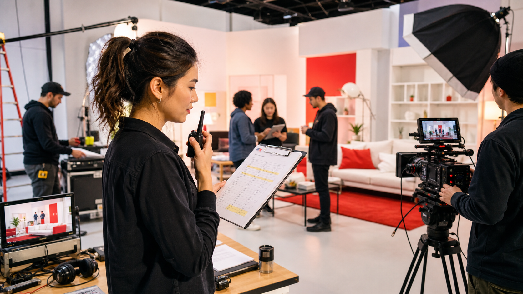 Production coordinator checking crew logistics on a bright YouTube brand video set before cameras roll